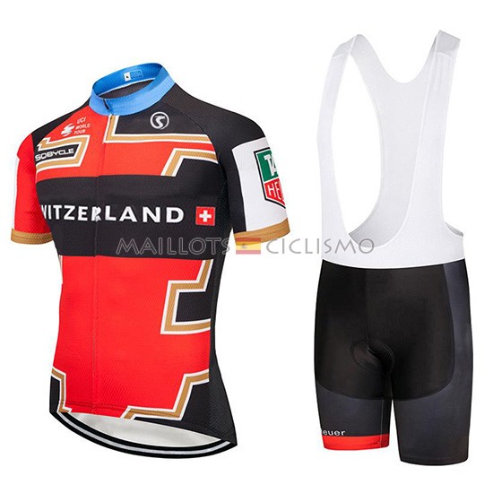 2019 Maillot Suiza Tirantes Mangas Cortas Rojo Negro(2)